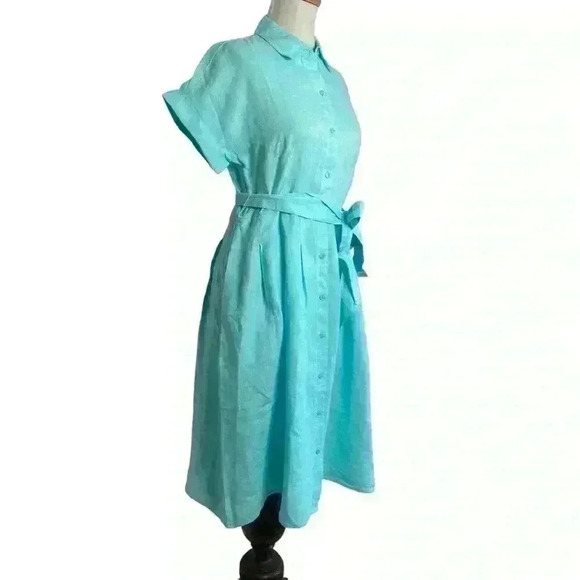 TALBOTS The Sutton Shirtdress Fit & Flare Cross Dye 100% Linen in Aqua Size 6 - Picture 3 of 12